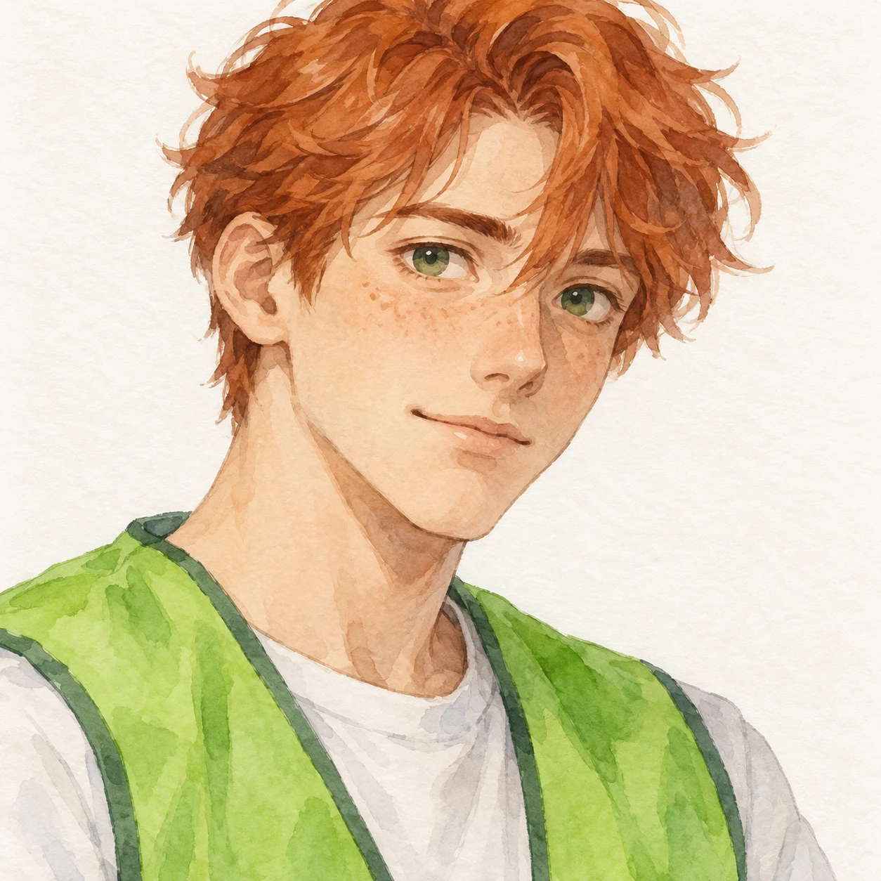 無地を背にした斜め向きのボランティアのベストの男性のイラスト（水彩）
