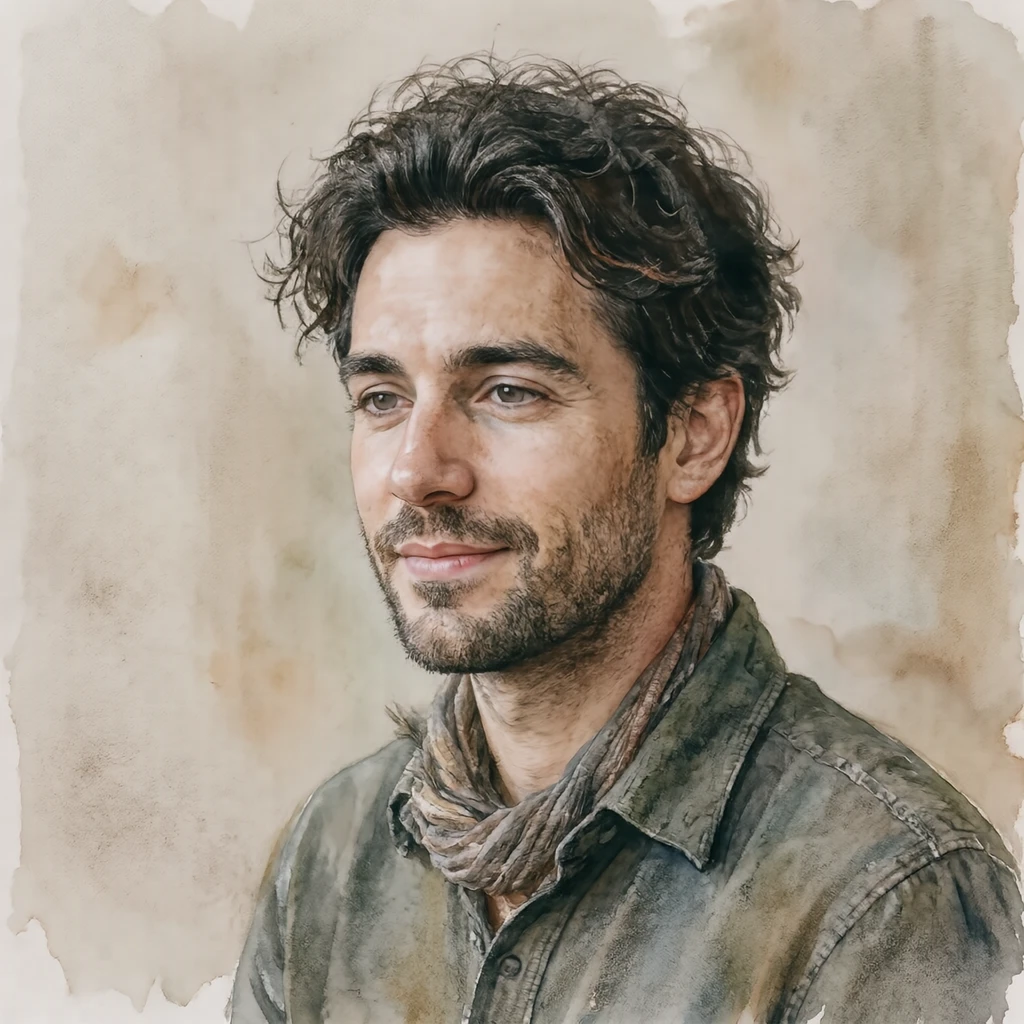 Illustration of one man in a loose rehearsal shirt with a thin scarf and softly tousled dark hair, his head and shoulders seen at a three-quarter angle with his face turned slightly to one side, both eyes visible and looking at the viewer with a calm closed-mouth expression, closely cropped so the head and shoulders fill most of the picture, hands not visible, a plain pale background behind him, the lower edge left as empty background with nothing written on it (watercolor)