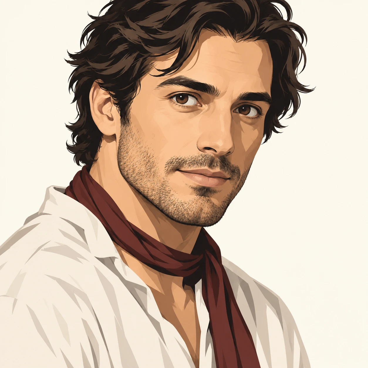 Illustration of one man in a loose rehearsal shirt with a thin scarf and softly tousled dark hair, his head and shoulders seen at a three-quarter angle with his face turned slightly to one side, both eyes visible and looking at the viewer with a calm closed-mouth expression, closely cropped so the head and shoulders fill most of the picture, hands not visible, a plain pale background behind him, the lower edge left as empty background with nothing written on it (bold graphic)