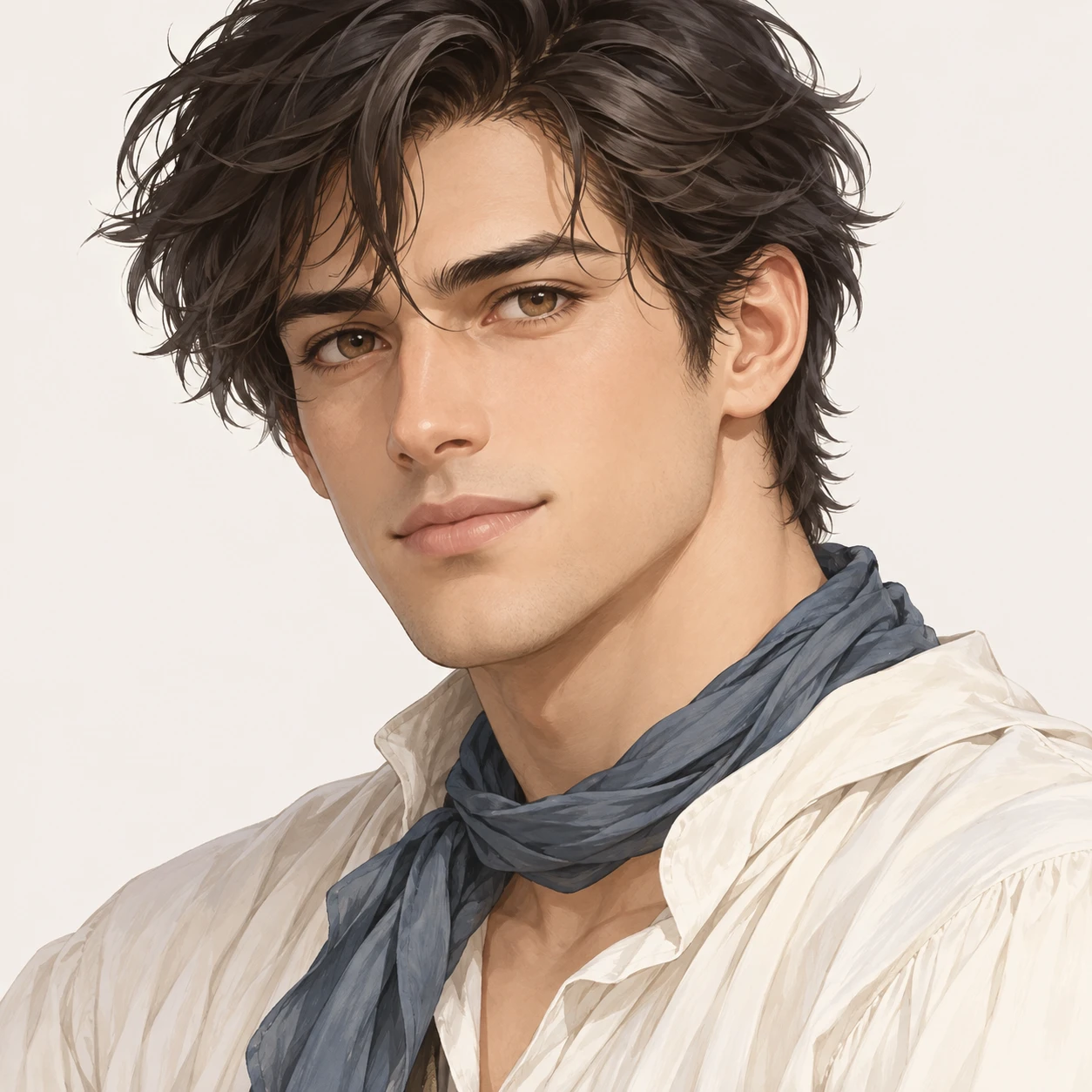 Illustration of one man in a loose rehearsal shirt with a thin scarf and softly tousled dark hair, his head and shoulders seen at a three-quarter angle with his face turned slightly to one side, both eyes visible and looking at the viewer with a calm closed-mouth expression, closely cropped so the head and shoulders fill most of the picture, hands not visible, a plain pale background behind him, the lower edge left as empty background with nothing written on it (isometric)