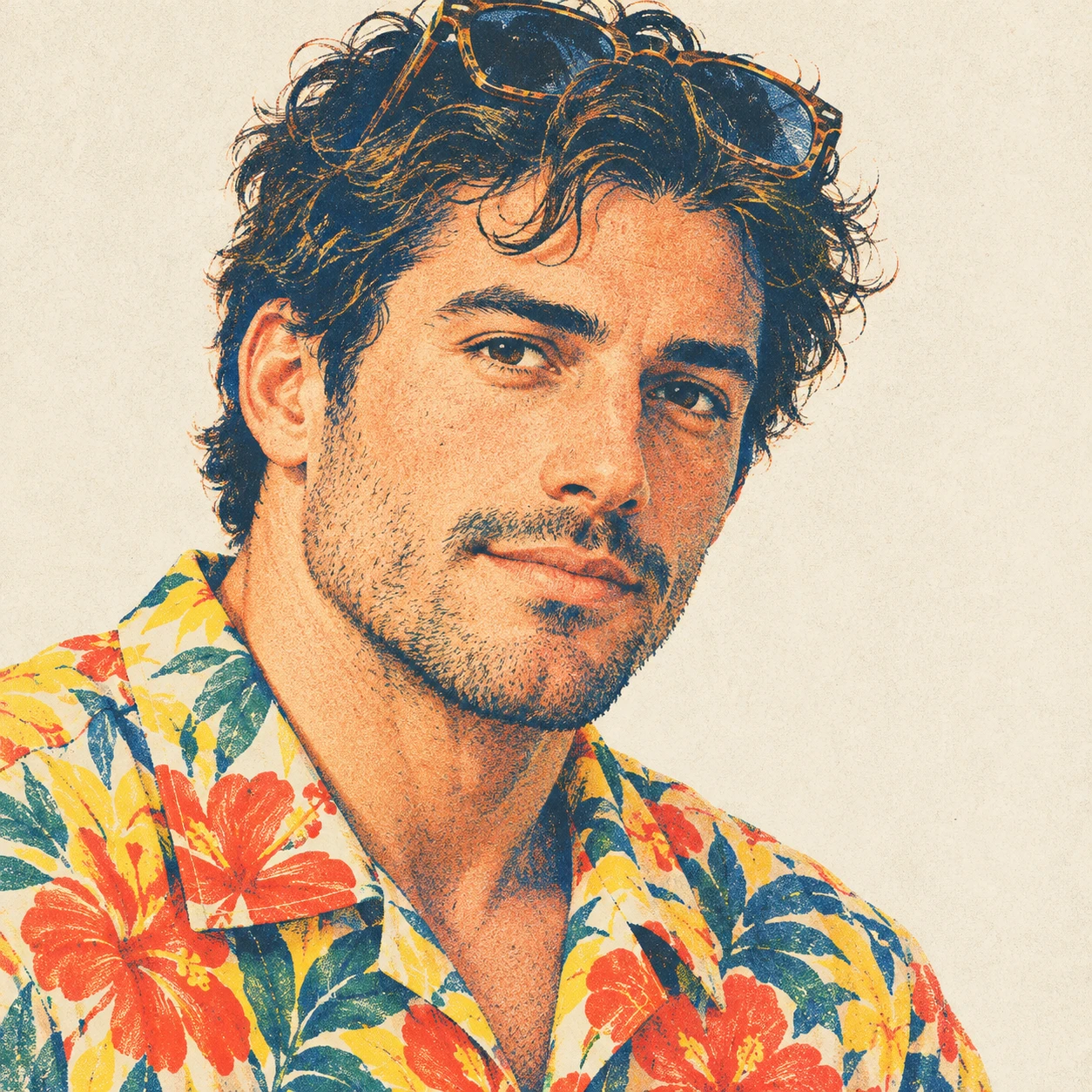 Illustration of one man in a bright tropical flower-print aloha shirt with sunglasses pushed up onto his hair, his head and shoulders seen at a three-quarter angle with his face turned slightly to one side, both eyes visible and looking at the viewer with a calm closed-mouth expression, closely cropped so the head and shoulders fill most of the picture, hands not visible, a plain pale background behind him, the lower edge left as empty background with nothing written on it (retro print)