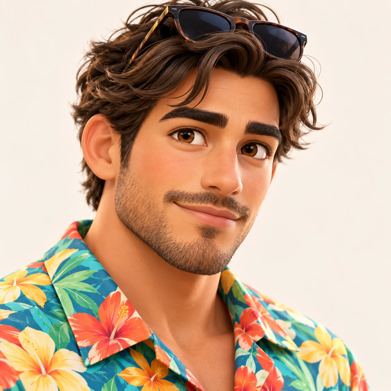 Illustration of one man in a bright tropical flower-print aloha shirt with sunglasses pushed up onto his hair, his head and shoulders seen at a three-quarter angle with his face turned slightly to one side, both eyes visible and looking at the viewer with a calm closed-mouth expression, closely cropped so the head and shoulders fill most of the picture, hands not visible, a plain pale background behind him, the lower edge left as empty background with nothing written on it (soft 3D)