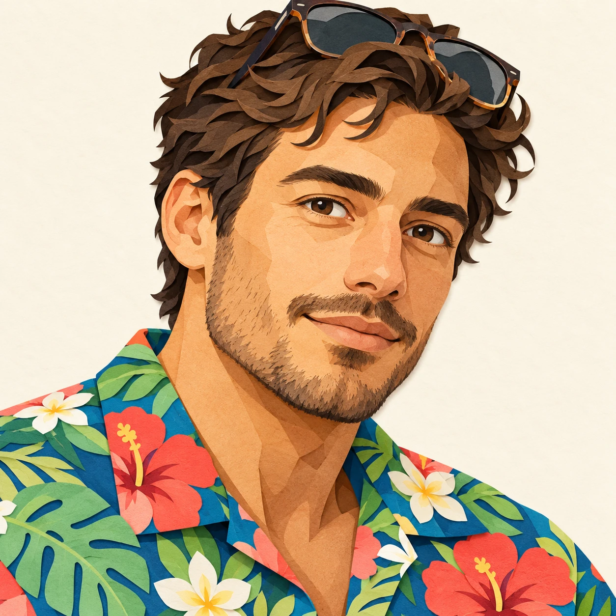 Illustration of one man in a bright tropical flower-print aloha shirt with sunglasses pushed up onto his hair, his head and shoulders seen at a three-quarter angle with his face turned slightly to one side, both eyes visible and looking at the viewer with a calm closed-mouth expression, closely cropped so the head and shoulders fill most of the picture, hands not visible, a plain pale background behind him, the lower edge left as empty background with nothing written on it (paper cut-out)