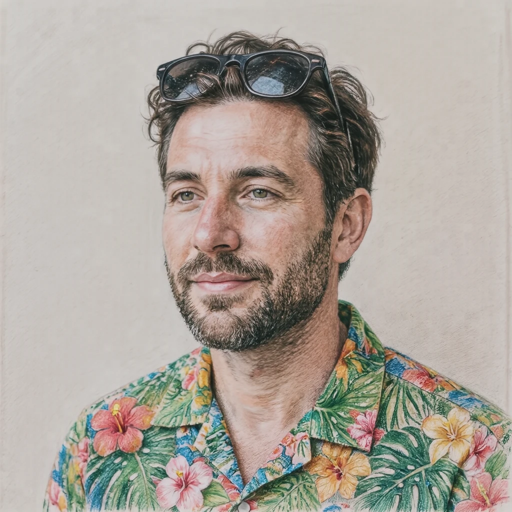 Illustration of one man in a bright tropical flower-print aloha shirt with sunglasses pushed up onto his hair, his head and shoulders seen at a three-quarter angle with his face turned slightly to one side, both eyes visible and looking at the viewer with a calm closed-mouth expression, closely cropped so the head and shoulders fill most of the picture, hands not visible, a plain pale background behind him, the lower edge left as empty background with nothing written on it (colored pencil)