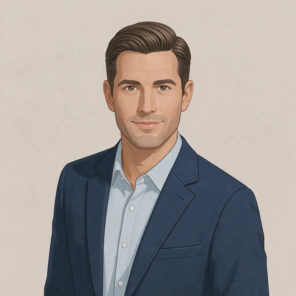 Illustration of one man in a sharp navy jacket over a light shirt with neatly combed hair, his head and shoulders seen straight from the front with both eyes looking at the viewer and a calm closed-mouth expression, closely cropped so the head and shoulders fill most of the picture, hands not visible, a plain pale background behind him, the lower edge left as empty background with nothing written on it (isometric)