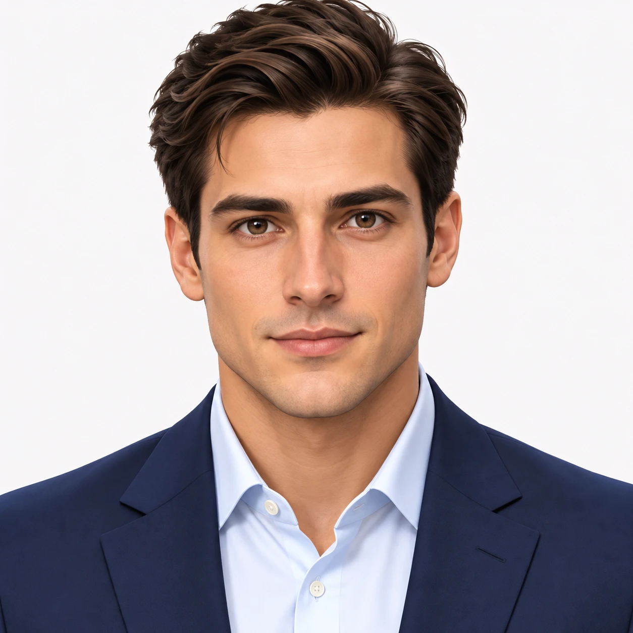 Illustration of one man in a sharp navy jacket over a light shirt with neatly combed hair, his head and shoulders seen straight from the front with both eyes looking at the viewer and a calm closed-mouth expression, closely cropped so the head and shoulders fill most of the picture, hands not visible, a plain pale background behind him, the lower edge left as empty background with nothing written on it (isometric)