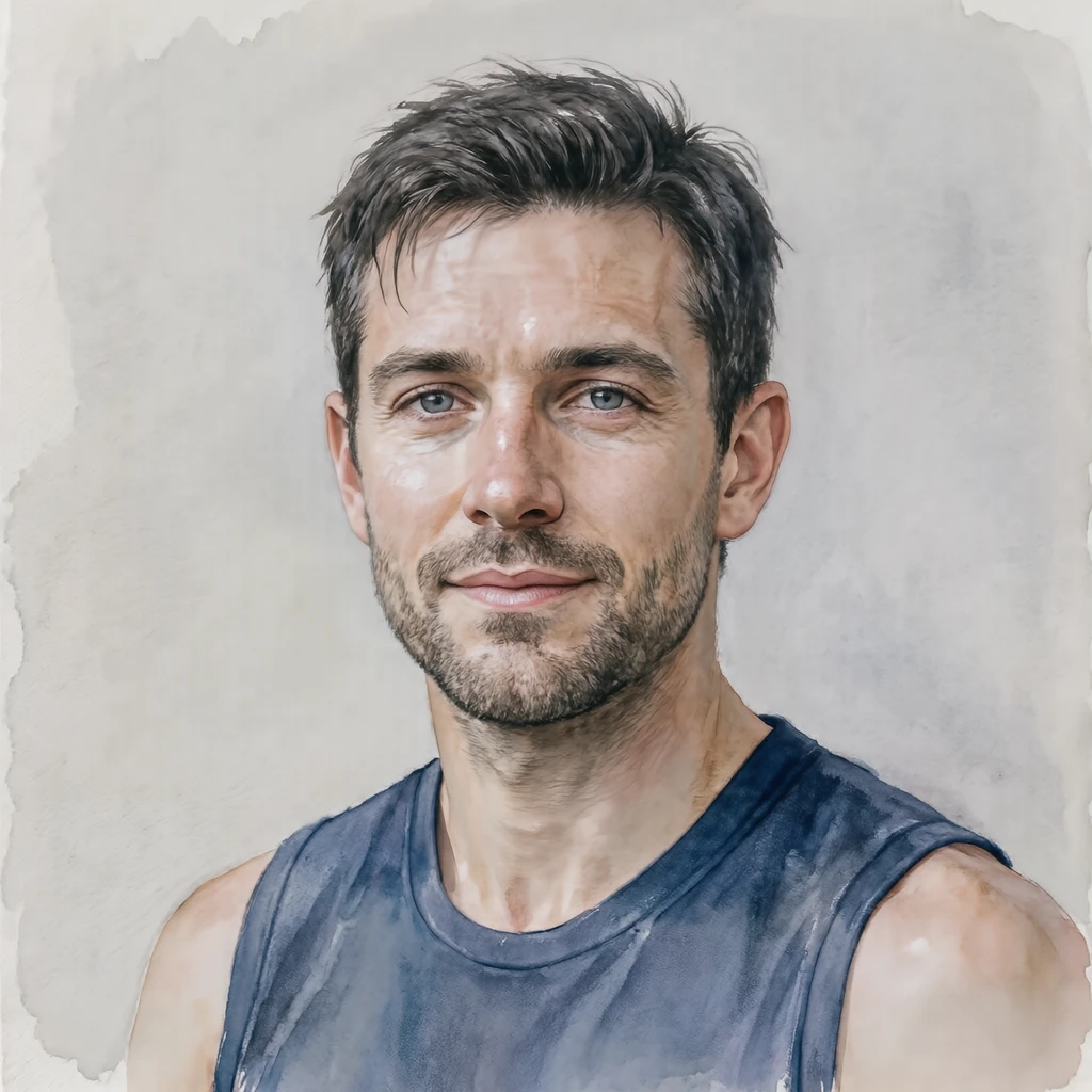 Illustration of one man in a sleeveless training jersey with short damp hair, his head and shoulders seen straight from the front with both eyes looking at the viewer and a calm closed-mouth expression, closely cropped so the head and shoulders fill most of the picture, hands not visible, a plain pale background behind him, the lower edge left as empty background with nothing written on it (watercolor)