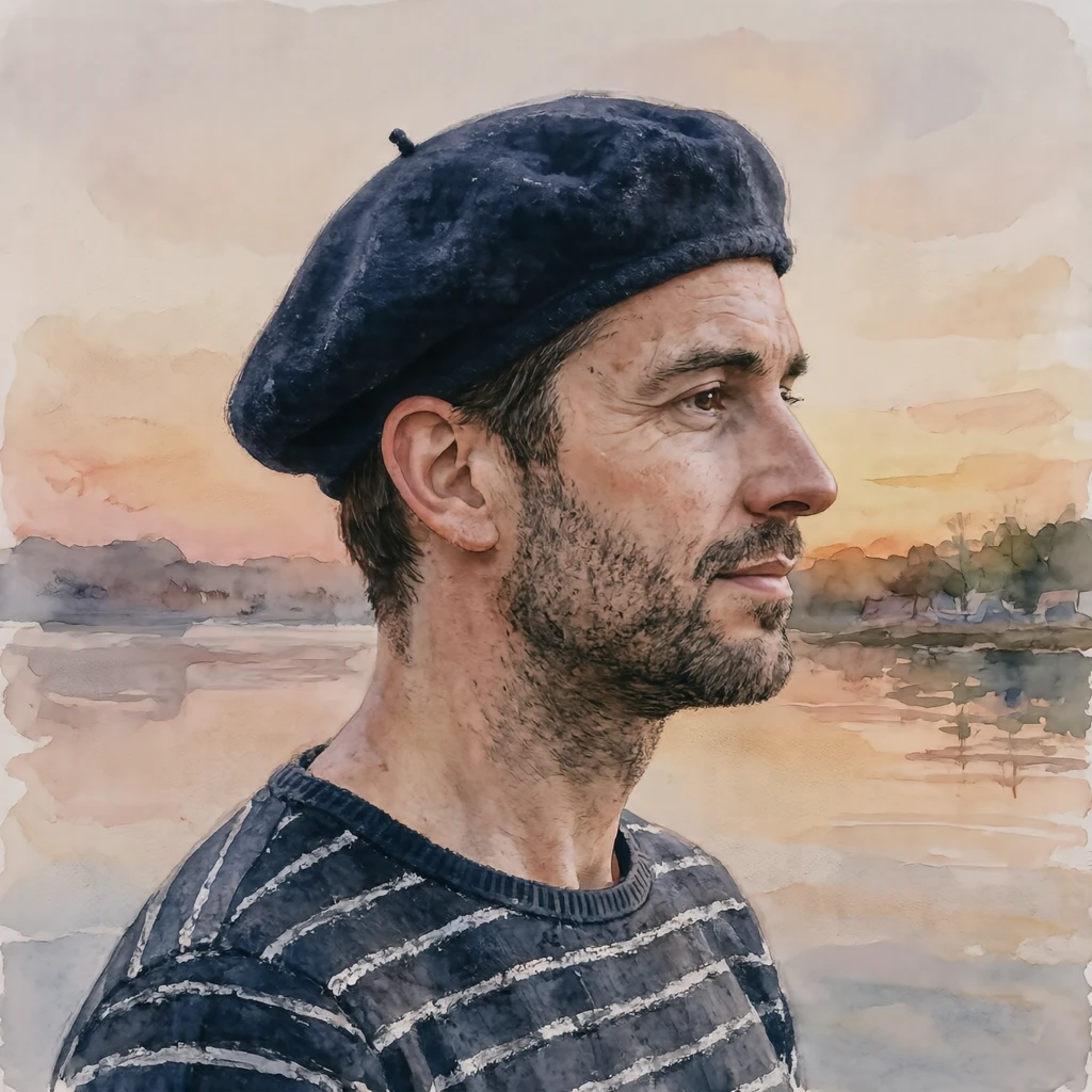 Illustration of one man in a dark navy beret and a navy and white striped boat-neck top with short dark hair, his head and shoulders seen in full profile from the side with his gaze level ahead and a calm closed-mouth expression, closely cropped so the head and shoulders fill most of the picture, hands not visible, a plain pale background behind him, the lower edge left as empty background with nothing written on it (watercolor)