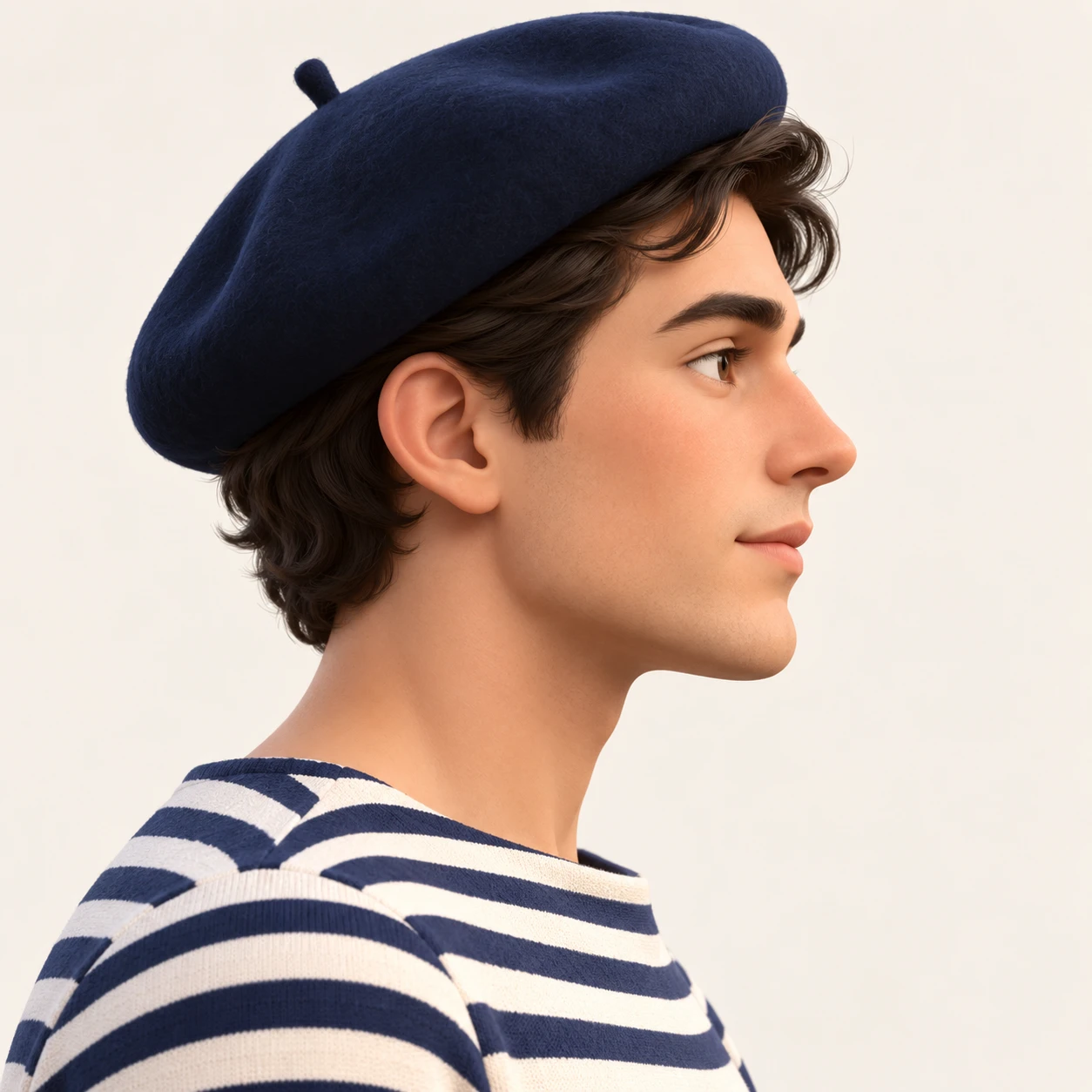 Illustration of one man in a dark navy beret and a navy and white striped boat-neck top with short dark hair, his head and shoulders seen in full profile from the side with his gaze level ahead and a calm closed-mouth expression, closely cropped so the head and shoulders fill most of the picture, hands not visible, a plain pale background behind him, the lower edge left as empty background with nothing written on it (soft 3D)