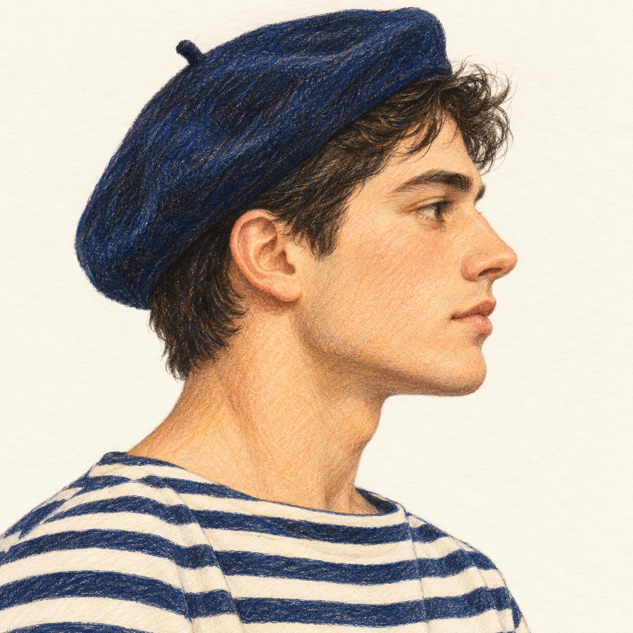 Illustration of one man in a dark navy beret and a navy and white striped boat-neck top with short dark hair, his head and shoulders seen in full profile from the side with his gaze level ahead and a calm closed-mouth expression, closely cropped so the head and shoulders fill most of the picture, hands not visible, a plain pale background behind him, the lower edge left as empty background with nothing written on it (colored pencil)