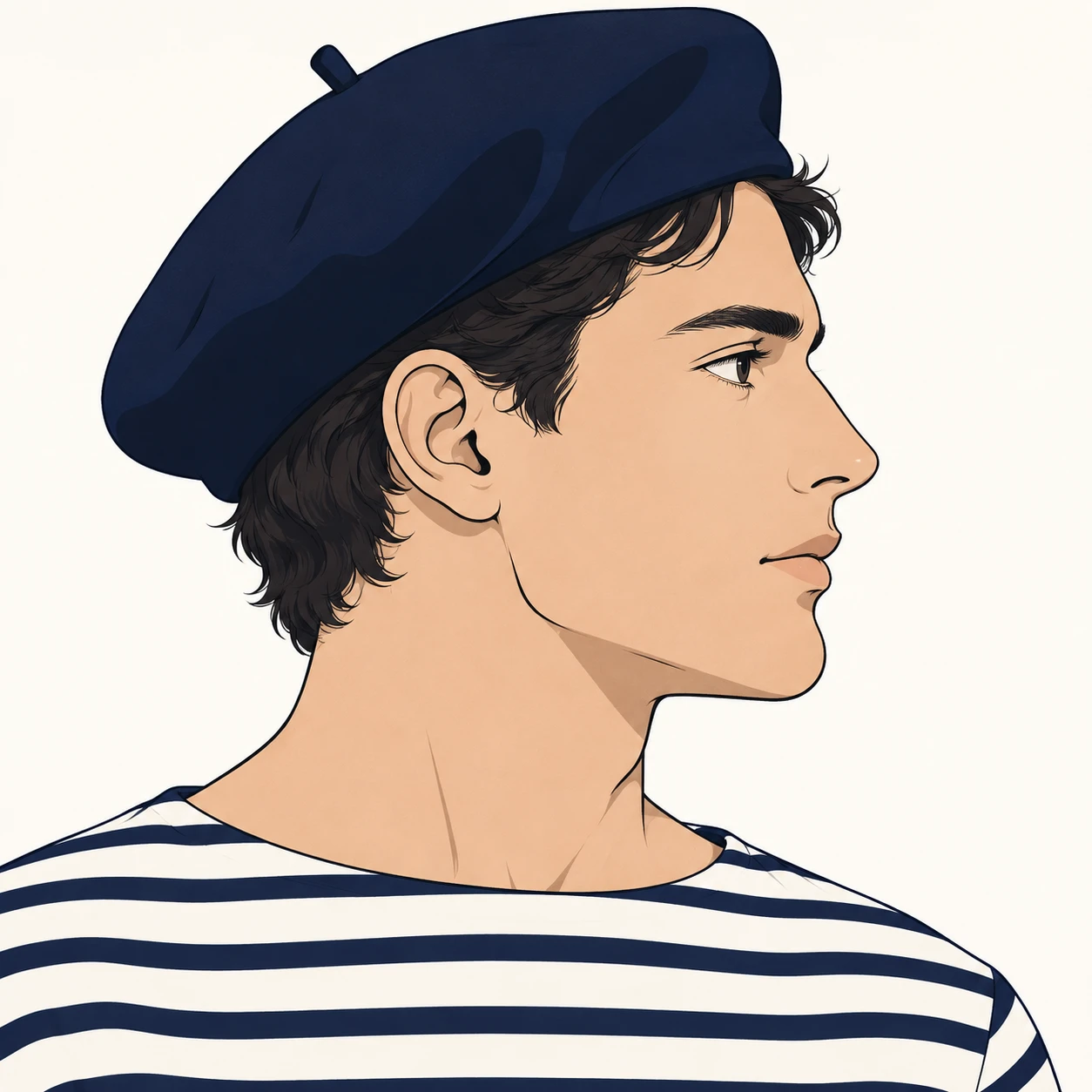 Illustration of one man in a dark navy beret and a navy and white striped boat-neck top with short dark hair, his head and shoulders seen in full profile from the side with his gaze level ahead and a calm closed-mouth expression, closely cropped so the head and shoulders fill most of the picture, hands not visible, a plain pale background behind him, the lower edge left as empty background with nothing written on it (simple line art)