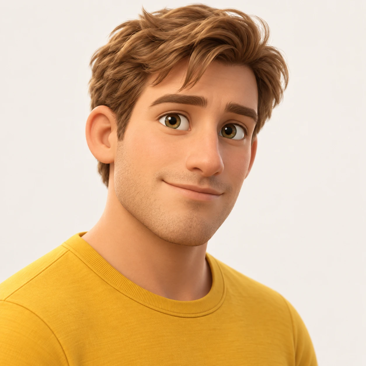 からし色のTシャツを着た男性のプロフィール用画像（ソフト3D）