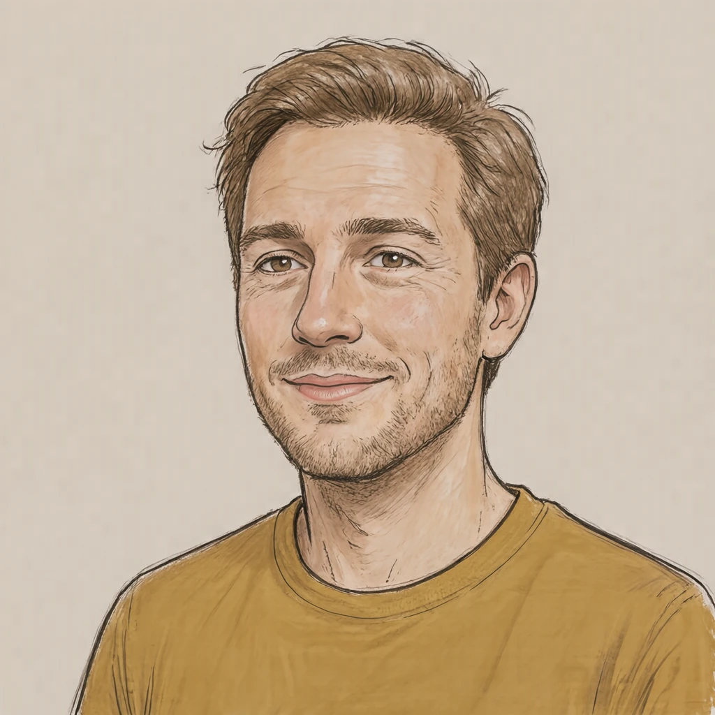 Illustration of one man in a bright mustard t-shirt with light brown hair, his head and shoulders seen at a three-quarter angle with his face turned slightly to one side, both eyes visible and looking at the viewer with a calm closed-mouth expression, closely cropped so the head and shoulders fill most of the picture, hands not visible, a plain pale background behind him, the lower edge left as empty background with nothing written on it (hand-drawn)