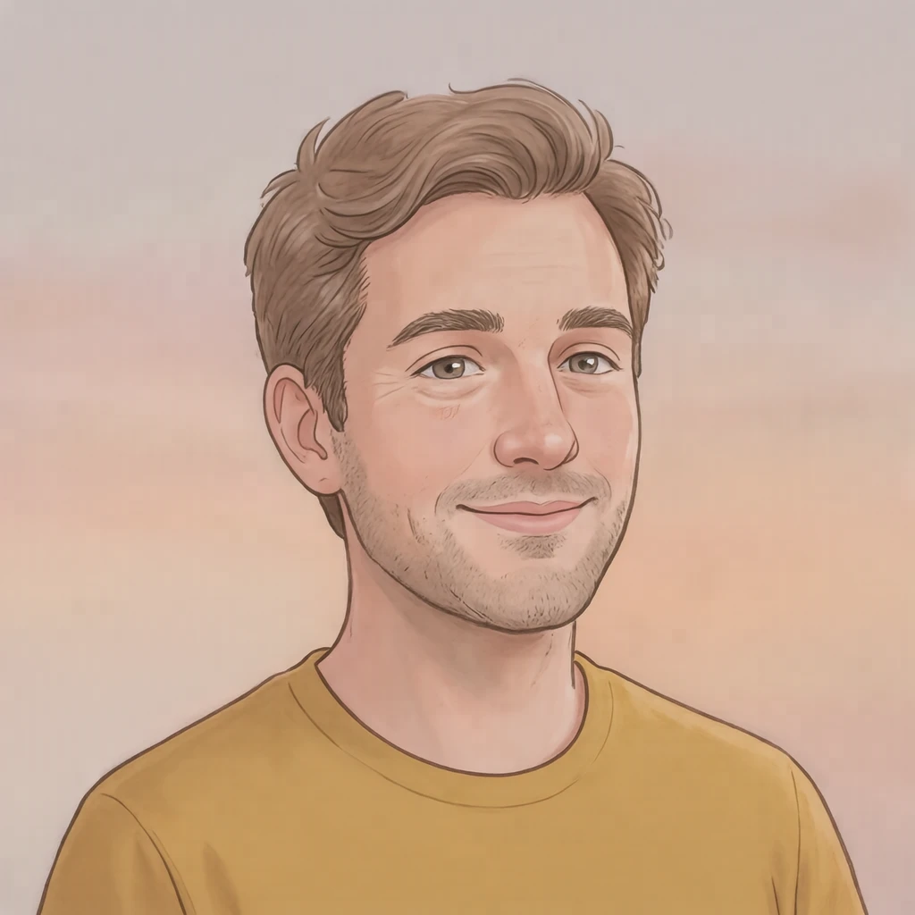 Illustration of one man in a bright mustard t-shirt with light brown hair, his head and shoulders seen at a three-quarter angle with his face turned slightly to one side, both eyes visible and looking at the viewer with a calm closed-mouth expression, closely cropped so the head and shoulders fill most of the picture, hands not visible, a plain pale background behind him, the lower edge left as empty background with nothing written on it (soft pastel)