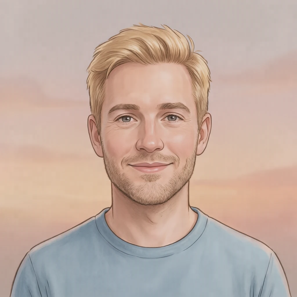 Illustration of one man with a bright blond crop and a pale blue shirt, his head and shoulders seen straight from the front with both eyes looking at the viewer and a calm closed-mouth expression, closely cropped so the head and shoulders fill most of the picture, hands not visible, a plain pale background behind him, the lower edge left as empty background with nothing written on it (soft pastel)