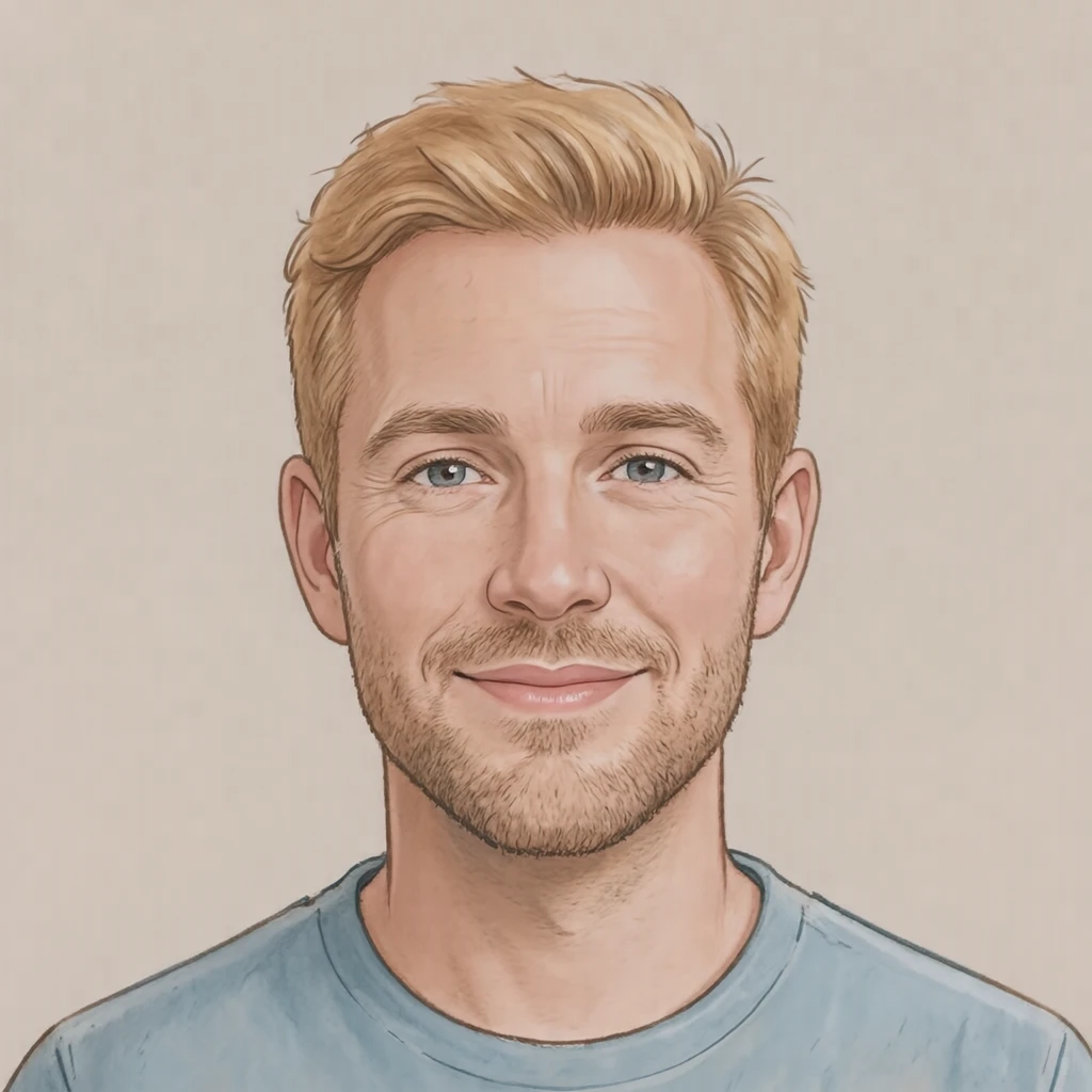 Illustration of one man with a bright blond crop and a pale blue shirt, his head and shoulders seen straight from the front with both eyes looking at the viewer and a calm closed-mouth expression, closely cropped so the head and shoulders fill most of the picture, hands not visible, a plain pale background behind him, the lower edge left as empty background with nothing written on it (soft pastel)