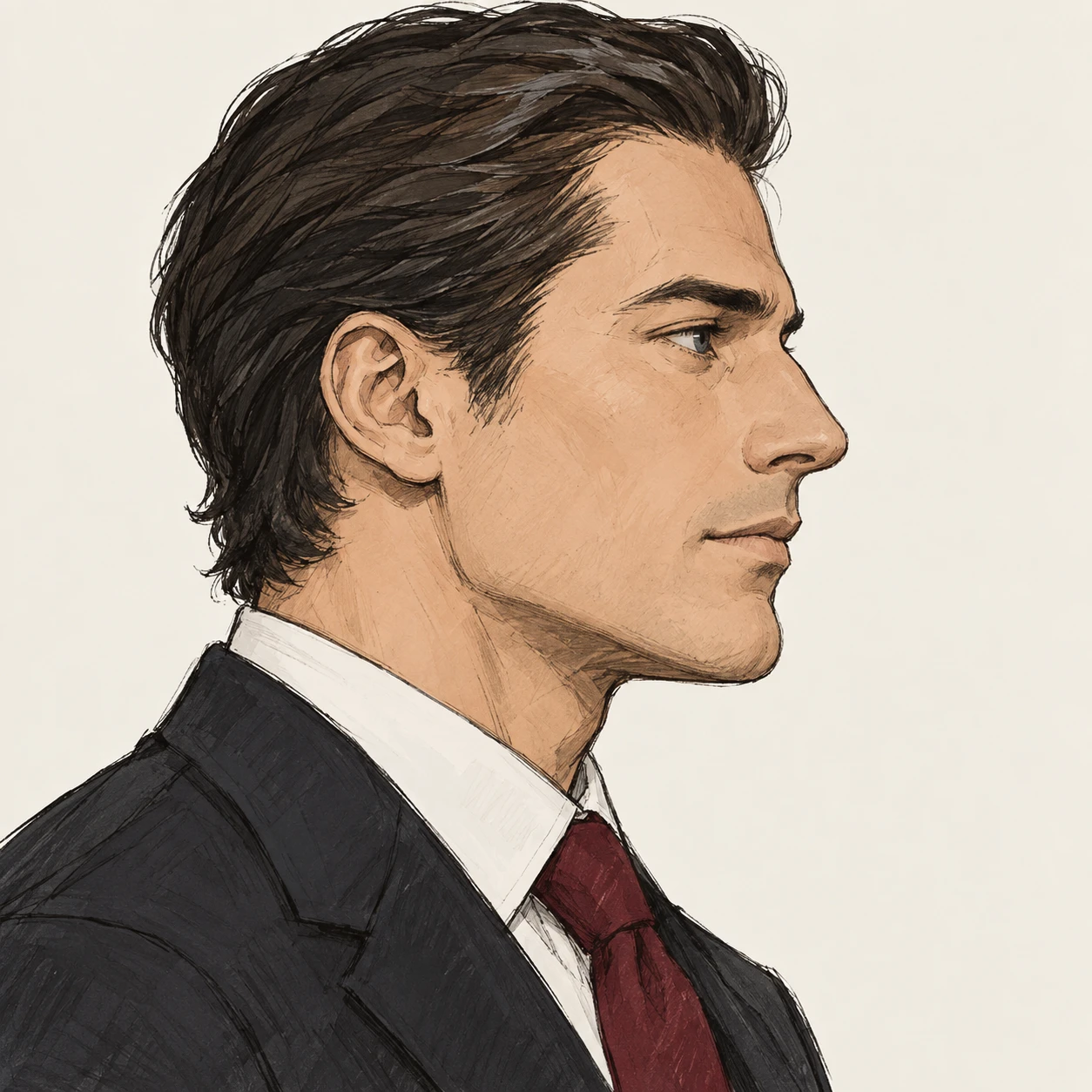 無地を背にした横向きのスーツとネクタイの男性のイラスト（手描き風）