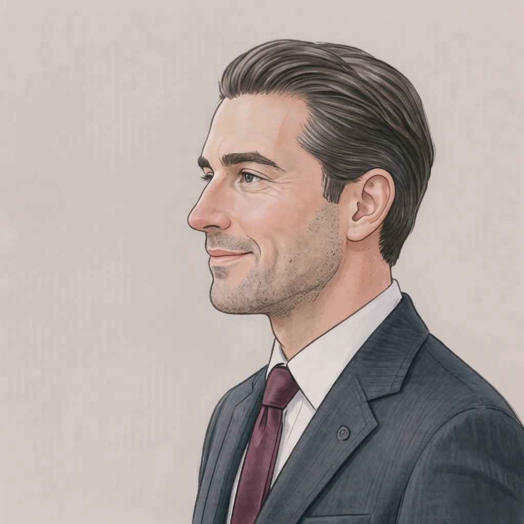 Illustration of one man in a dark suit with a burgundy tie and neatly slicked back hair, his head and shoulders seen in full profile from the side with his gaze level ahead and a calm closed-mouth expression, closely cropped so the head and shoulders fill most of the picture, hands not visible, a plain pale background behind him, the lower edge left as empty background with nothing written on it (soft pastel)