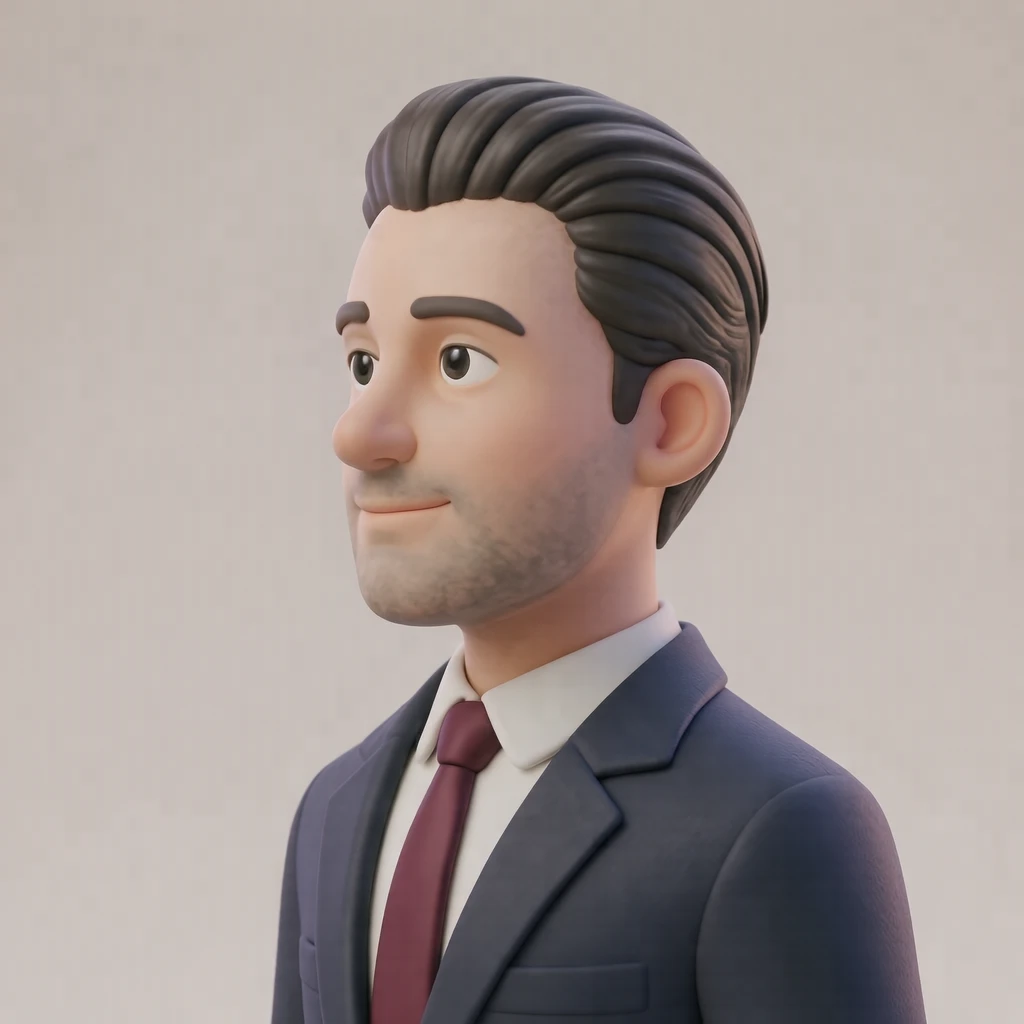 Illustration of one man in a dark suit with a burgundy tie and neatly slicked back hair, his head and shoulders seen in full profile from the side with his gaze level ahead and a calm closed-mouth expression, closely cropped so the head and shoulders fill most of the picture, hands not visible, a plain pale background behind him, the lower edge left as empty background with nothing written on it (soft 3D)