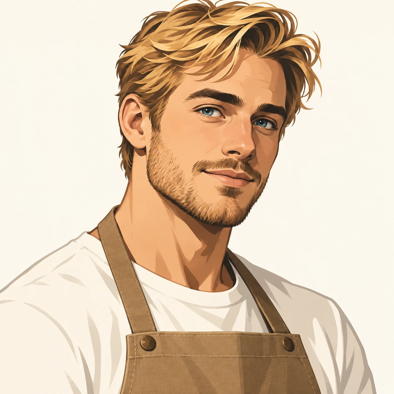 Illustration of one man in a canvas cafe apron over a plain shirt with honey blonde hair, his head and shoulders seen at a three-quarter angle with his face turned slightly to one side, both eyes visible and looking at the viewer with a calm closed-mouth expression, closely cropped so the head and shoulders fill most of the picture, hands not visible, a plain pale background behind him, the lower edge left as empty background with nothing written on it (bold graphic)