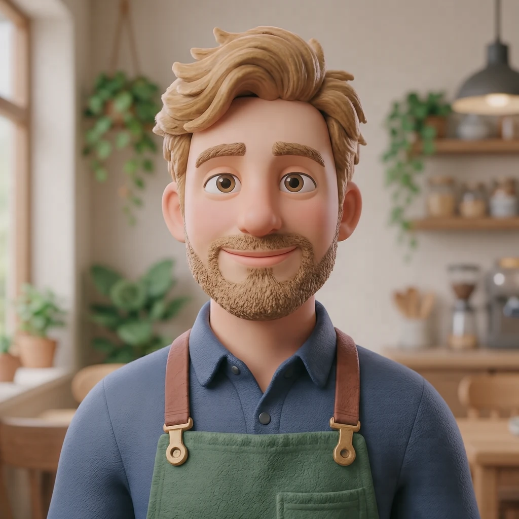 Illustration of one man in a canvas cafe apron over a plain shirt with honey blonde hair, his head and shoulders seen at a three-quarter angle with his face turned slightly to one side, both eyes visible and looking at the viewer with a calm closed-mouth expression, closely cropped so the head and shoulders fill most of the picture, hands not visible, a plain pale background behind him, the lower edge left as empty background with nothing written on it (soft 3D)