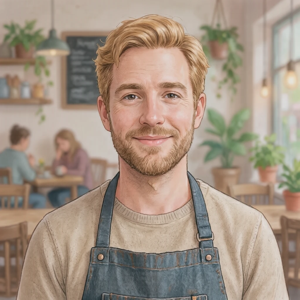 Illustration of one man in a canvas cafe apron over a plain shirt with honey blonde hair, his head and shoulders seen at a three-quarter angle with his face turned slightly to one side, both eyes visible and looking at the viewer with a calm closed-mouth expression, closely cropped so the head and shoulders fill most of the picture, hands not visible, a plain pale background behind him, the lower edge left as empty background with nothing written on it (soft pastel)
