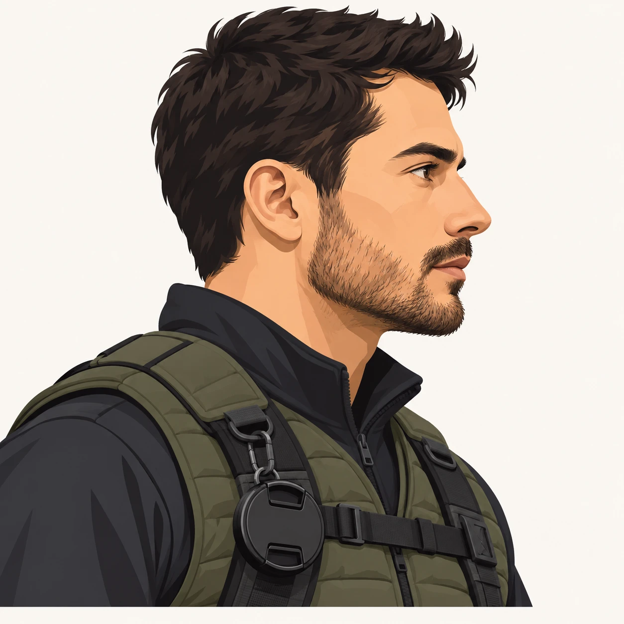 Illustration of one man in a padded camera vest with a lens cap clipped at the chest and dark short hair, his head and shoulders seen in full profile from the side with his gaze level ahead and a calm closed-mouth expression, closely cropped so the head and shoulders fill most of the picture, hands not visible, a plain pale background behind him, the lower edge left as empty background with nothing written on it (flat illustration)