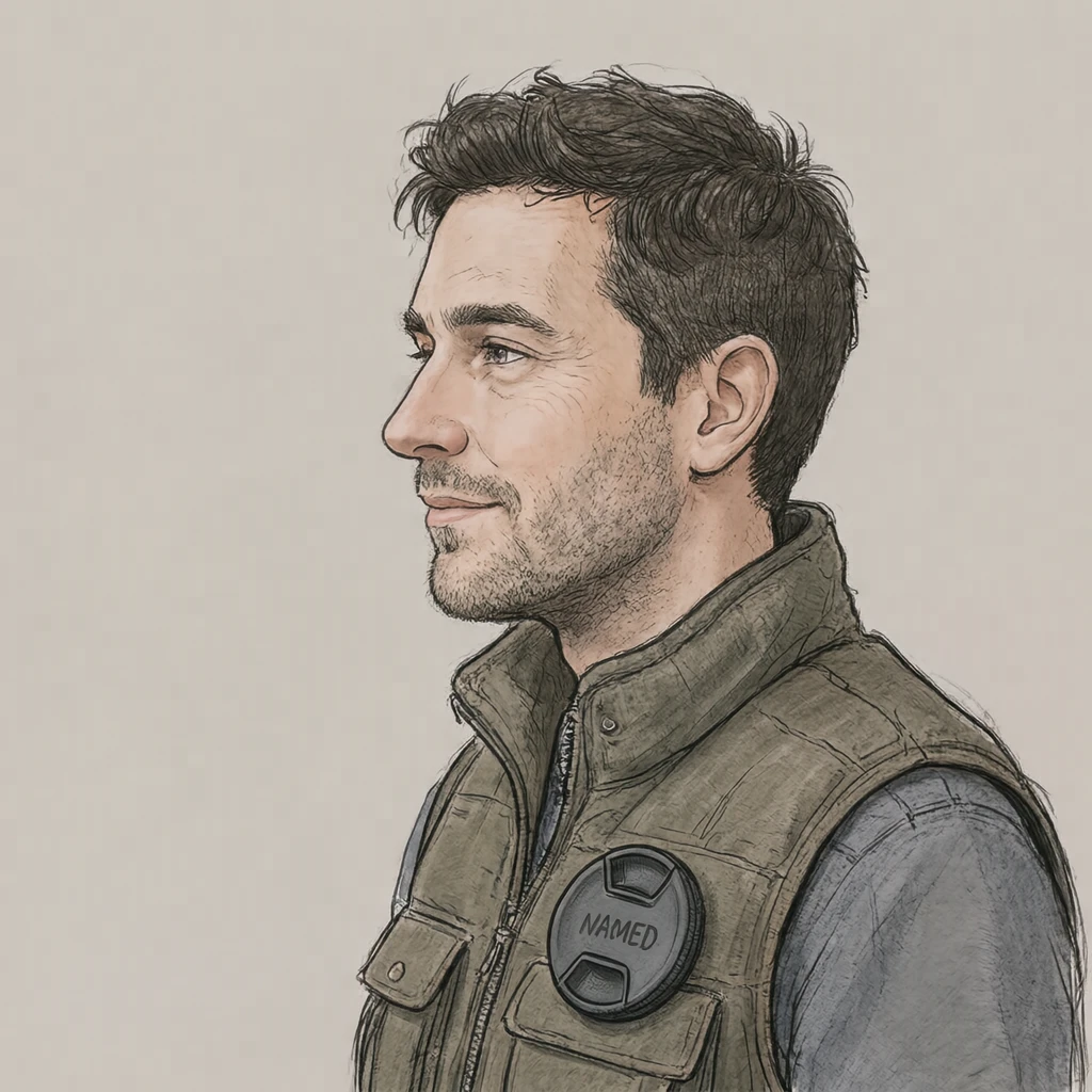 Illustration of one man in a padded camera vest with a lens cap clipped at the chest and dark short hair, his head and shoulders seen in full profile from the side with his gaze level ahead and a calm closed-mouth expression, closely cropped so the head and shoulders fill most of the picture, hands not visible, a plain pale background behind him, the lower edge left as empty background with nothing written on it (hand-drawn)