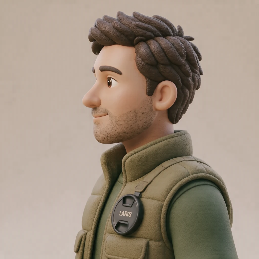 Illustration of one man in a padded camera vest with a lens cap clipped at the chest and dark short hair, his head and shoulders seen in full profile from the side with his gaze level ahead and a calm closed-mouth expression, closely cropped so the head and shoulders fill most of the picture, hands not visible, a plain pale background behind him, the lower edge left as empty background with nothing written on it (soft 3D)