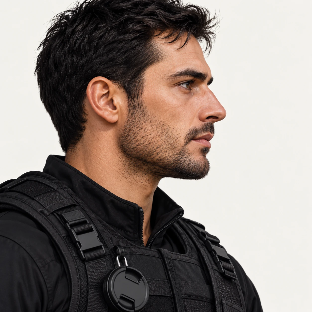 Illustration of one man in a padded camera vest with a lens cap clipped at the chest and dark short hair, his head and shoulders seen in full profile from the side with his gaze level ahead and a calm closed-mouth expression, closely cropped so the head and shoulders fill most of the picture, hands not visible, a plain pale background behind him, the lower edge left as empty background with nothing written on it (bold graphic)