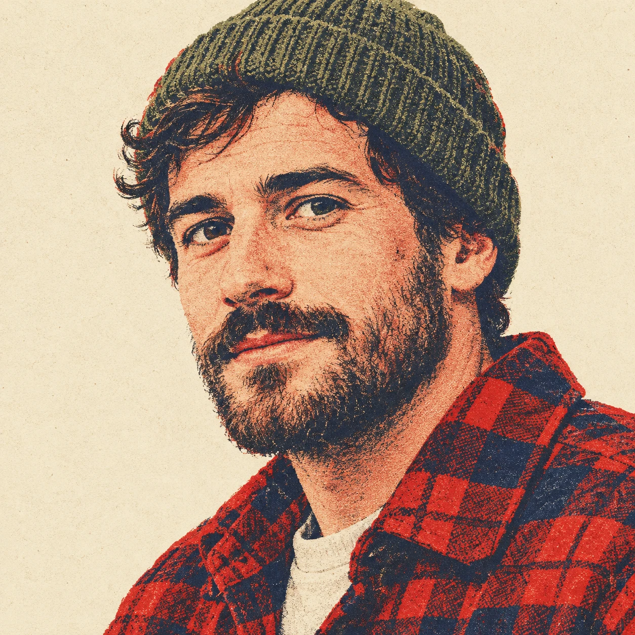 Illustration of one man in a thick red flannel shirt over a tee with a woolly beanie, his head and shoulders seen at a three-quarter angle with his face turned slightly to one side, both eyes visible and looking at the viewer with a calm closed-mouth expression, closely cropped so the head and shoulders fill most of the picture, hands not visible, a plain pale background behind him, the lower edge left as empty background with nothing written on it (retro print)