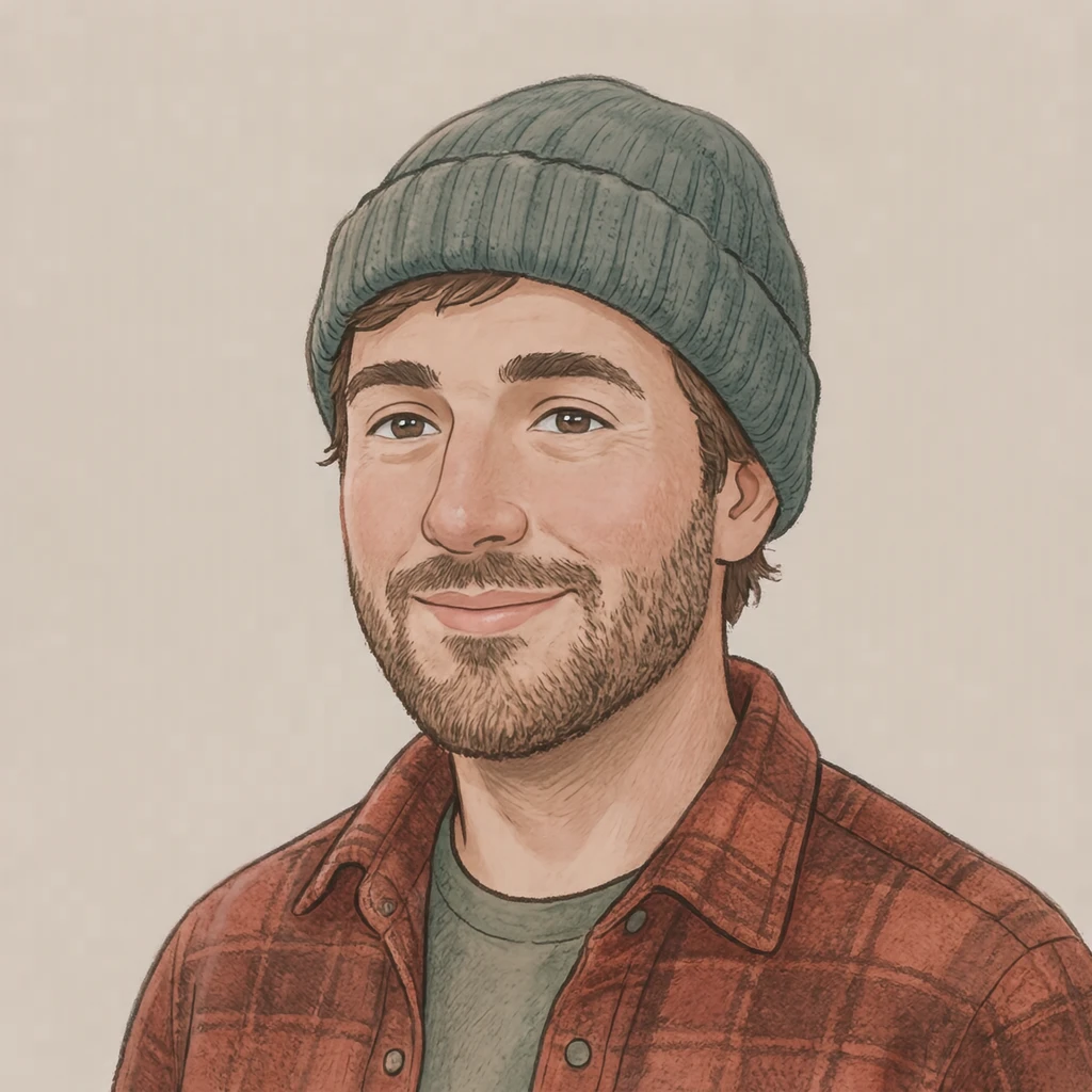 Illustration of one man in a thick red flannel shirt over a tee with a woolly beanie, his head and shoulders seen at a three-quarter angle with his face turned slightly to one side, both eyes visible and looking at the viewer with a calm closed-mouth expression, closely cropped so the head and shoulders fill most of the picture, hands not visible, a plain pale background behind him, the lower edge left as empty background with nothing written on it (soft pastel)