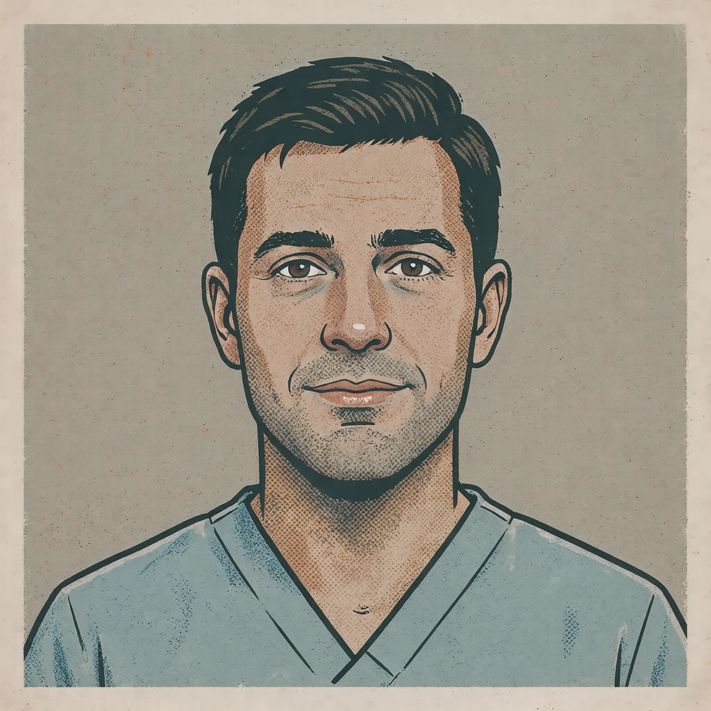 Illustration of one man in pale blue care-worker scrubs with cropped dark hair, his head and shoulders seen straight from the front with both eyes looking at the viewer and a calm closed-mouth expression, closely cropped so the head and shoulders fill most of the picture, hands not visible, a plain pale background behind him, the lower edge left as empty background with nothing written on it (retro print)