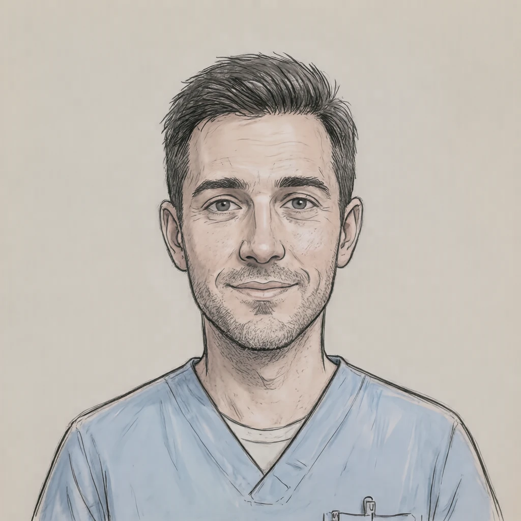 Illustration of one man in pale blue care-worker scrubs with cropped dark hair, his head and shoulders seen straight from the front with both eyes looking at the viewer and a calm closed-mouth expression, closely cropped so the head and shoulders fill most of the picture, hands not visible, a plain pale background behind him, the lower edge left as empty background with nothing written on it (hand-drawn)