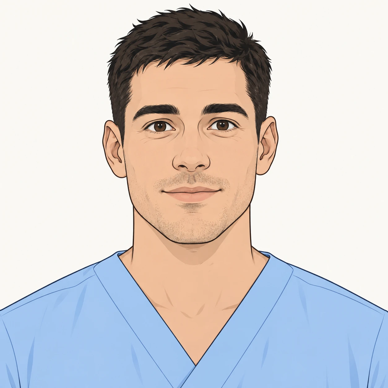 Illustration of one man in pale blue care-worker scrubs with cropped dark hair, his head and shoulders seen straight from the front with both eyes looking at the viewer and a calm closed-mouth expression, closely cropped so the head and shoulders fill most of the picture, hands not visible, a plain pale background behind him, the lower edge left as empty background with nothing written on it (simple line art)
