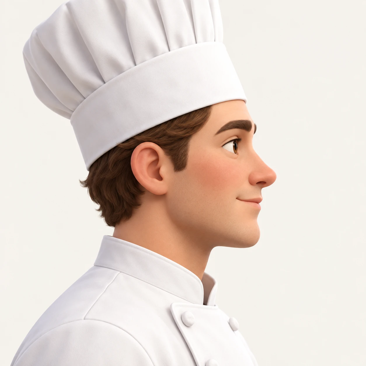 Illustration of one man in a white chef's jacket and a tall chef's hat over short chestnut hair, his head and shoulders seen in full profile from the side with his gaze level ahead and a calm closed-mouth expression, closely cropped so the head and shoulders fill most of the picture, hands not visible, a plain pale background behind him, the lower edge left as empty background with nothing written on it (soft 3D)