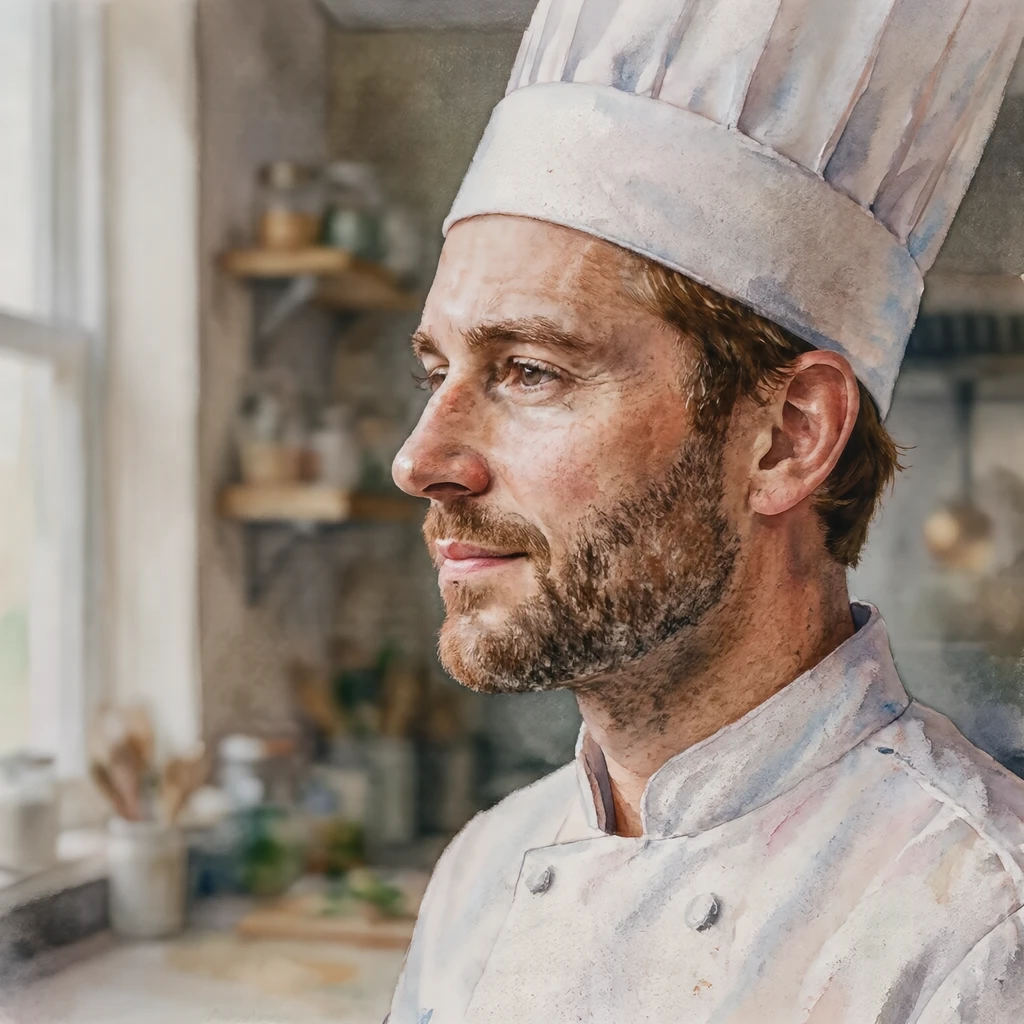 Illustration of one man in a white chef's jacket and a tall chef's hat over short chestnut hair, his head and shoulders seen in full profile from the side with his gaze level ahead and a calm closed-mouth expression, closely cropped so the head and shoulders fill most of the picture, hands not visible, a plain pale background behind him, the lower edge left as empty background with nothing written on it (watercolor)