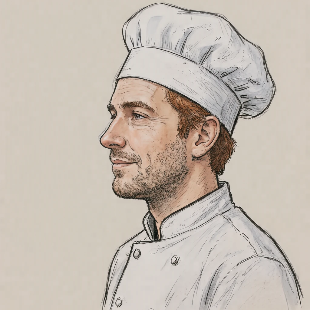Illustration of one man in a white chef's jacket and a tall chef's hat over short chestnut hair, his head and shoulders seen in full profile from the side with his gaze level ahead and a calm closed-mouth expression, closely cropped so the head and shoulders fill most of the picture, hands not visible, a plain pale background behind him, the lower edge left as empty background with nothing written on it (hand-drawn)