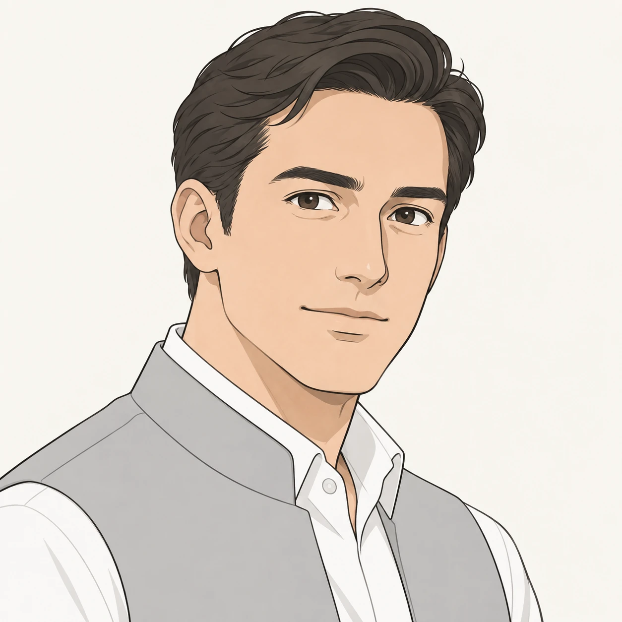 Illustration of one man in a light grey civic office vest over a white shirt with neatly combed hair, his head and shoulders seen at a three-quarter angle with his face turned slightly to one side, both eyes visible and looking at the viewer with a calm closed-mouth expression, closely cropped so the head and shoulders fill most of the picture, hands not visible, a plain pale background behind him, the lower edge left as empty background with nothing written on it (simple line art)