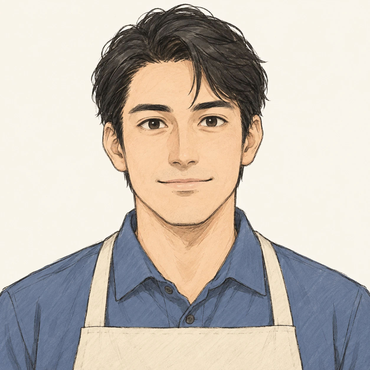 無地を背にした正面向きの店の制服とエプロンの男性のイラスト（手描き風）