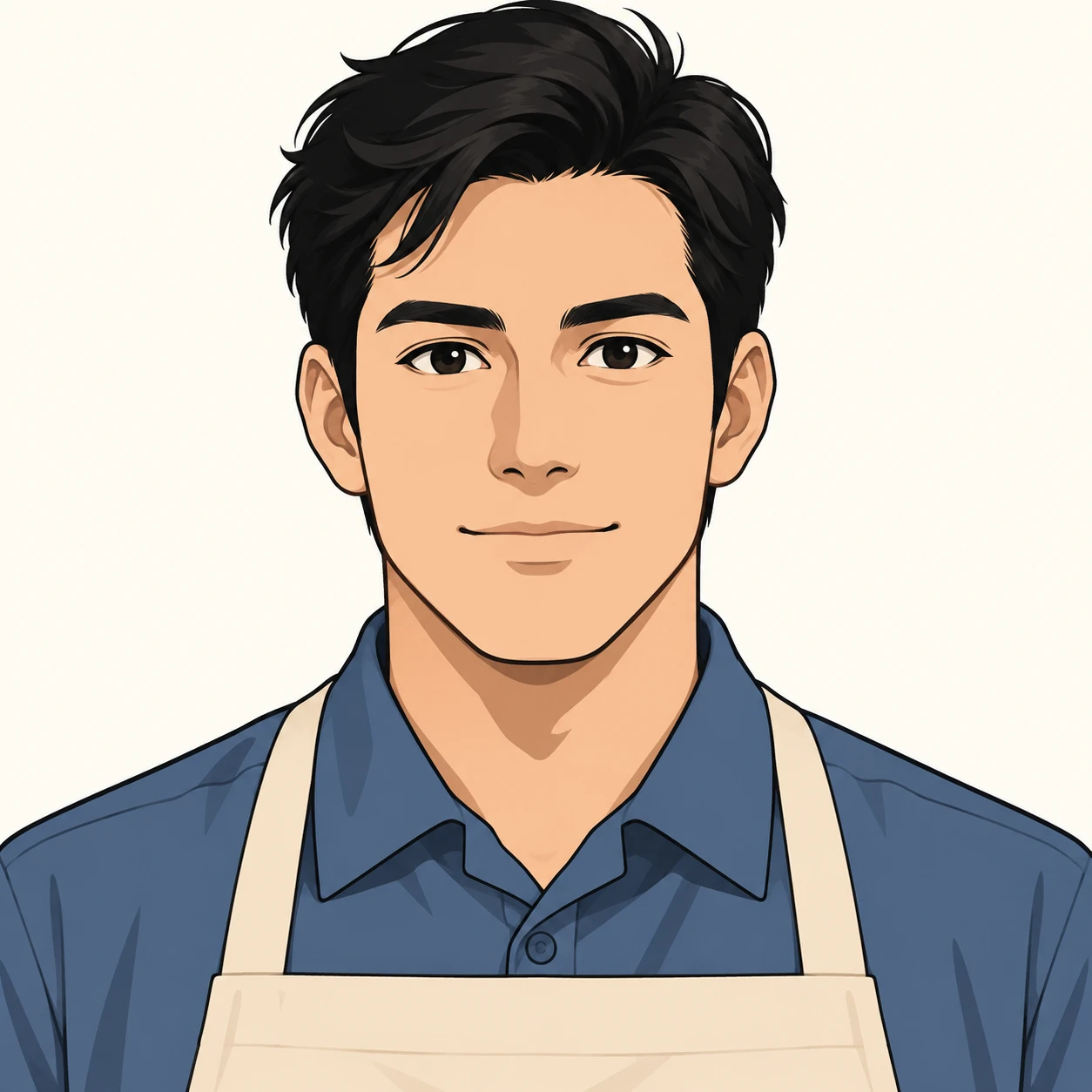 Illustration of one man in a store uniform shirt with a plain canvas apron and tidy black hair, his head and shoulders seen straight from the front with both eyes looking at the viewer and a calm closed-mouth expression, closely cropped so the head and shoulders fill most of the picture, hands not visible, a plain pale background behind him, the lower edge left as empty background with nothing written on it (bold graphic)