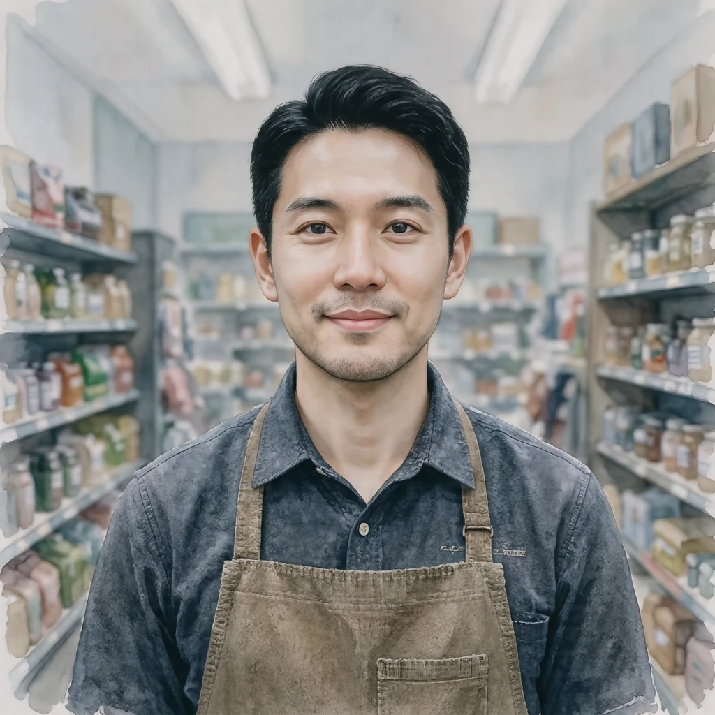 Illustration of one man in a store uniform shirt with a plain canvas apron and tidy black hair, his head and shoulders seen straight from the front with both eyes looking at the viewer and a calm closed-mouth expression, closely cropped so the head and shoulders fill most of the picture, hands not visible, a plain pale background behind him, the lower edge left as empty background with nothing written on it (watercolor)