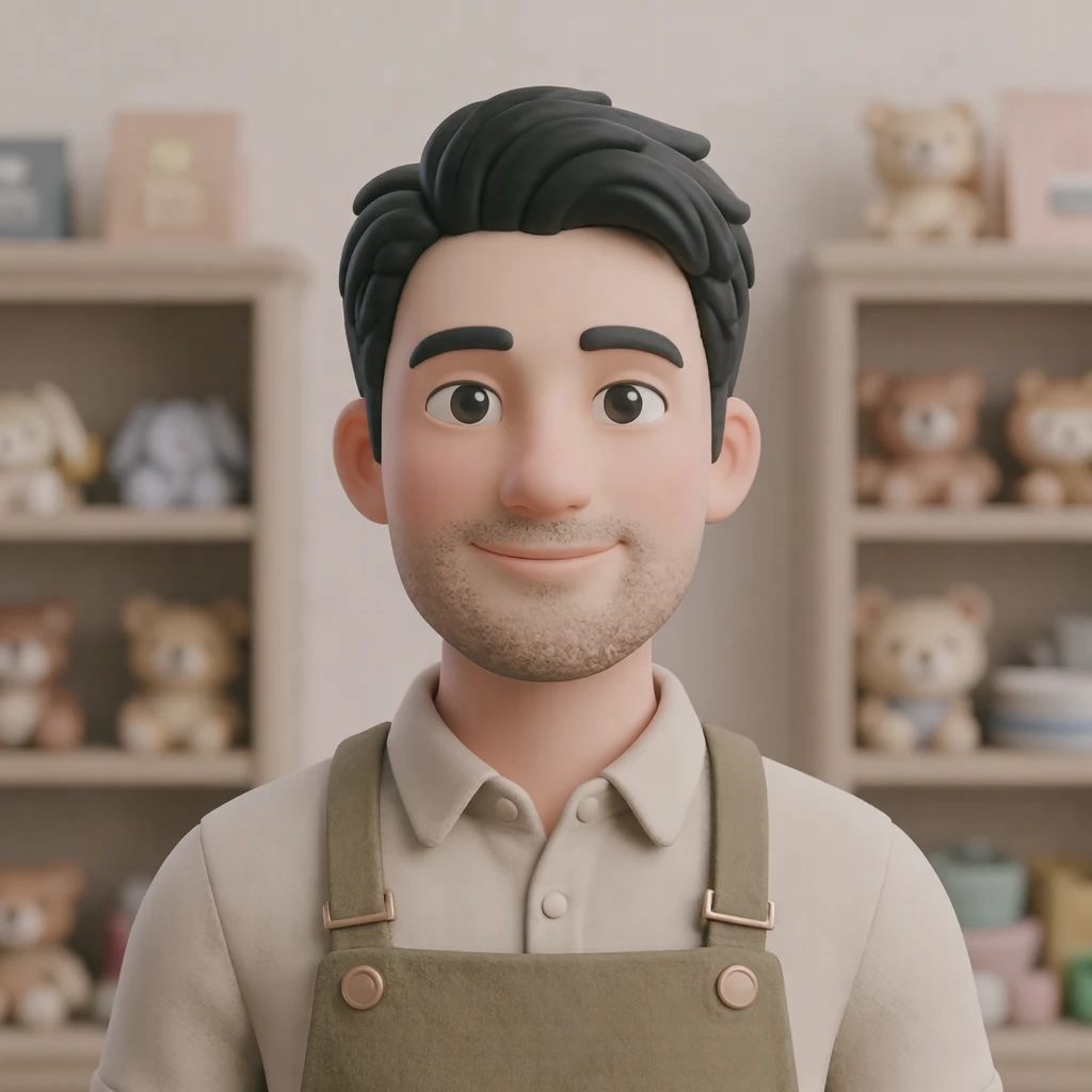 Illustration of one man in a store uniform shirt with a plain canvas apron and tidy black hair, his head and shoulders seen straight from the front with both eyes looking at the viewer and a calm closed-mouth expression, closely cropped so the head and shoulders fill most of the picture, hands not visible, a plain pale background behind him, the lower edge left as empty background with nothing written on it (soft 3D)