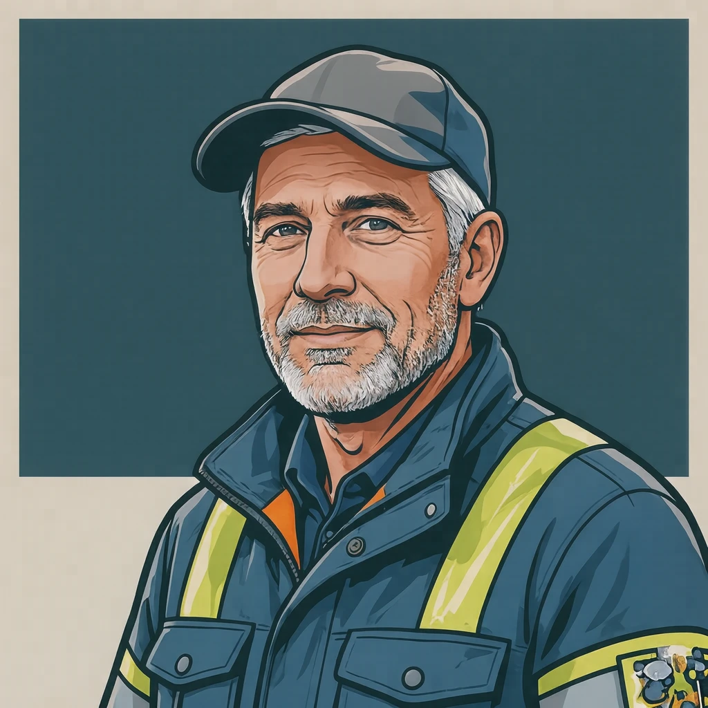 Illustration of one man in a high-visibility armband over a light jacket with a soft cap and silver grey hair, his head and shoulders seen at a three-quarter angle with his face turned slightly to one side, both eyes visible and looking at the viewer with a calm closed-mouth expression, closely cropped so the head and shoulders fill most of the picture, hands not visible, a plain pale background behind him, the lower edge left as empty background with nothing written on it (bold graphic)
