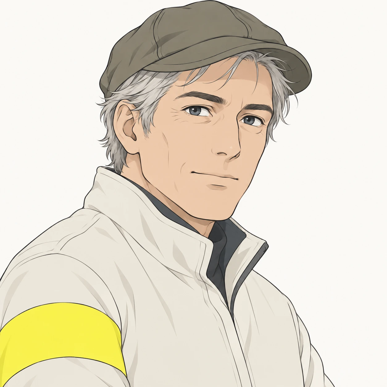 Illustration of one man in a high-visibility armband over a light jacket with a soft cap and silver grey hair, his head and shoulders seen at a three-quarter angle with his face turned slightly to one side, both eyes visible and looking at the viewer with a calm closed-mouth expression, closely cropped so the head and shoulders fill most of the picture, hands not visible, a plain pale background behind him, the lower edge left as empty background with nothing written on it (simple line art)