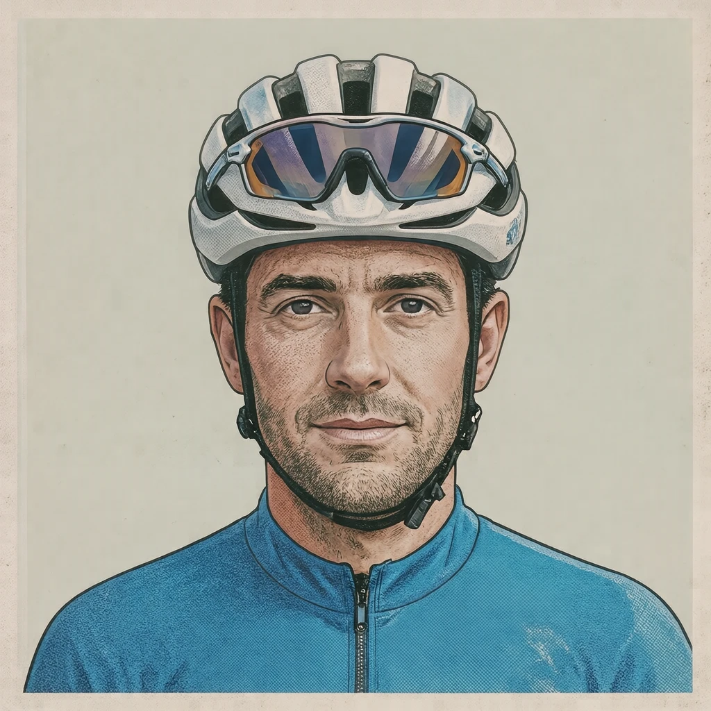 Illustration of one man in a sleek white cycling helmet and a plain bright blue cycling jersey with sport sunglasses resting on top of the helmet, his head and shoulders seen straight from the front with both eyes looking at the viewer and a calm closed-mouth expression, closely cropped so the head and shoulders fill most of the picture, hands not visible, a plain pale background behind him, the lower edge left as empty background with nothing written on it (retro print)