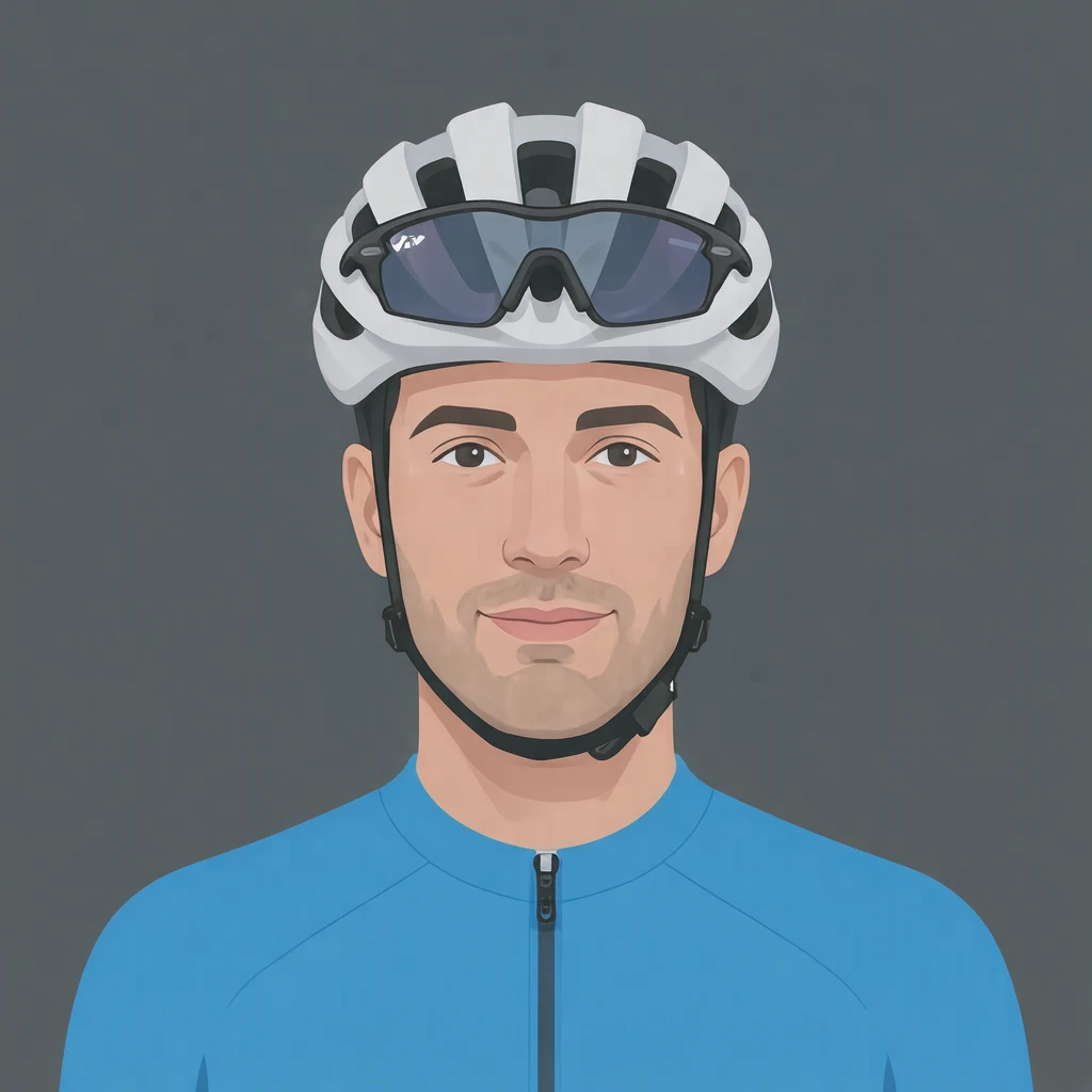 Illustration of one man in a sleek white cycling helmet and a plain bright blue cycling jersey with sport sunglasses resting on top of the helmet, his head and shoulders seen straight from the front with both eyes looking at the viewer and a calm closed-mouth expression, closely cropped so the head and shoulders fill most of the picture, hands not visible, a plain pale background behind him, the lower edge left as empty background with nothing written on it (flat illustration)