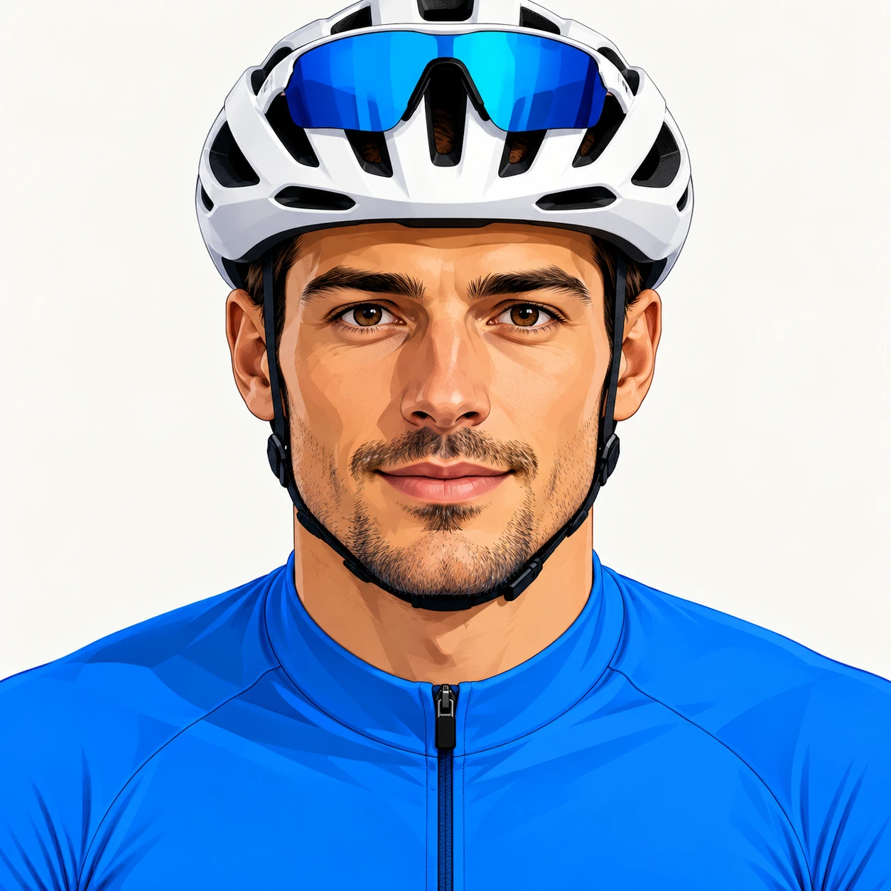 Illustration of one man in a sleek white cycling helmet and a plain bright blue cycling jersey with sport sunglasses resting on top of the helmet, his head and shoulders seen straight from the front with both eyes looking at the viewer and a calm closed-mouth expression, closely cropped so the head and shoulders fill most of the picture, hands not visible, a plain pale background behind him, the lower edge left as empty background with nothing written on it (bold graphic)
