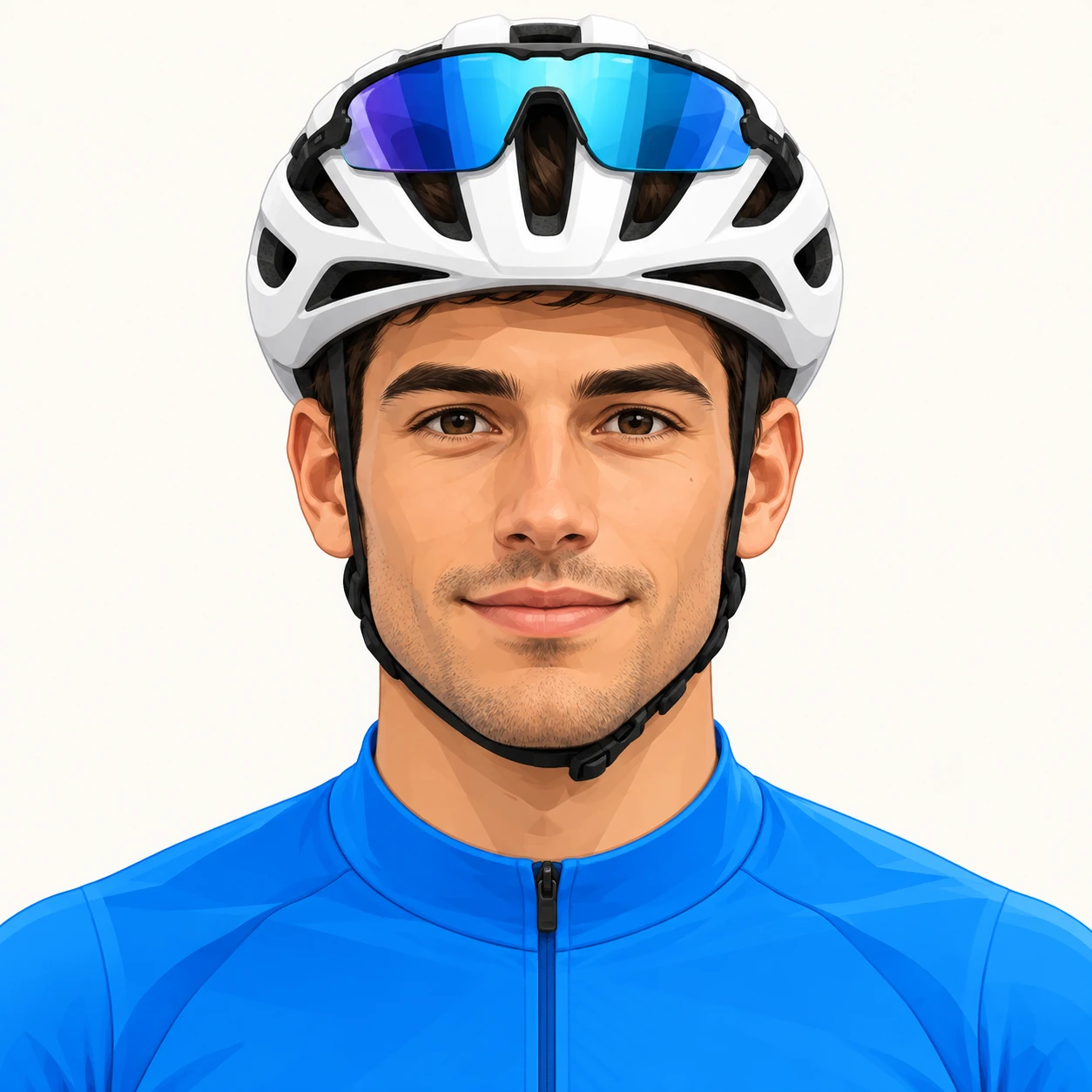 Illustration of one man in a sleek white cycling helmet and a plain bright blue cycling jersey with sport sunglasses resting on top of the helmet, his head and shoulders seen straight from the front with both eyes looking at the viewer and a calm closed-mouth expression, closely cropped so the head and shoulders fill most of the picture, hands not visible, a plain pale background behind him, the lower edge left as empty background with nothing written on it (isometric)