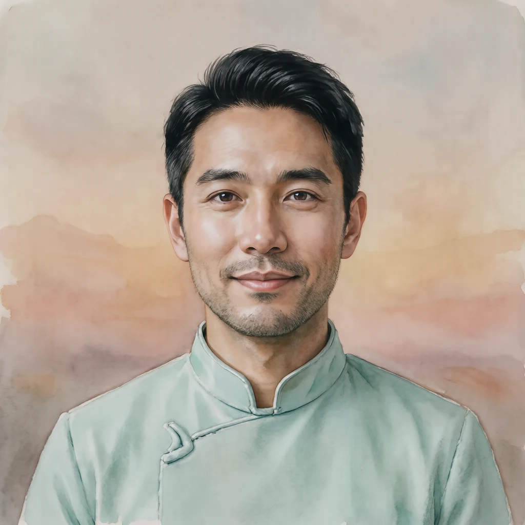 Illustration of one man in a pale mint dental tunic with a raised collar and neat black hair, his head and shoulders seen straight from the front with both eyes looking at the viewer and a calm closed-mouth expression, closely cropped so the head and shoulders fill most of the picture, hands not visible, a plain pale background behind him, the lower edge left as empty background with nothing written on it (watercolor)